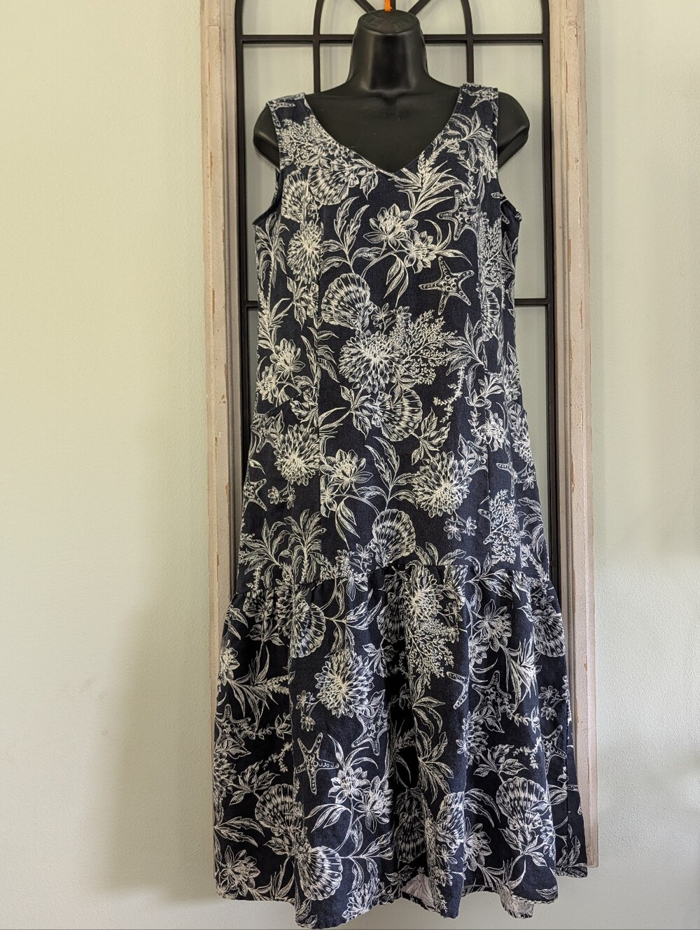 Garnet Hill Navy Floral Seashell Sleeveless Midi Dress Women's 100% Linen